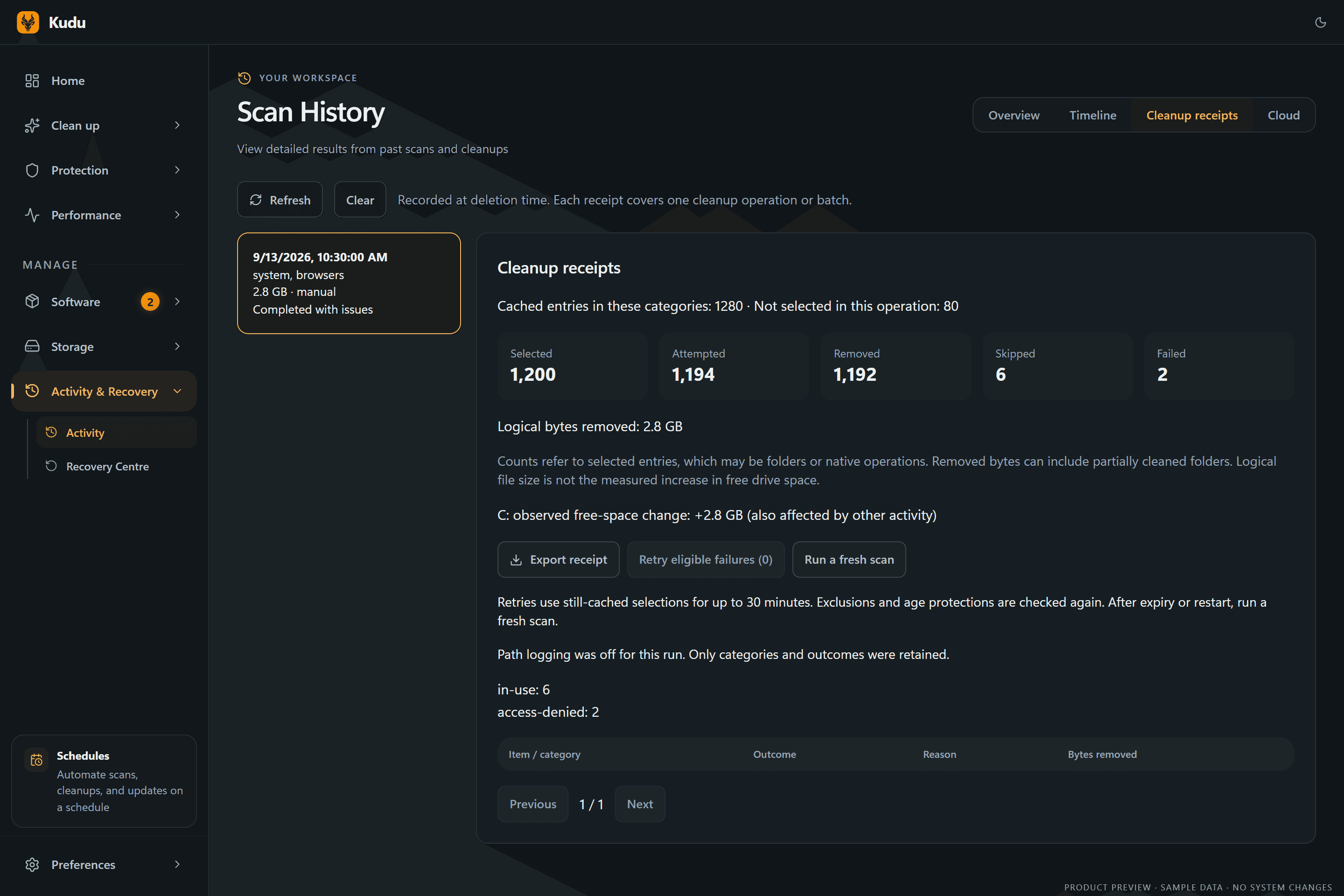 Cleanup Receipts in dark mode, sample data
