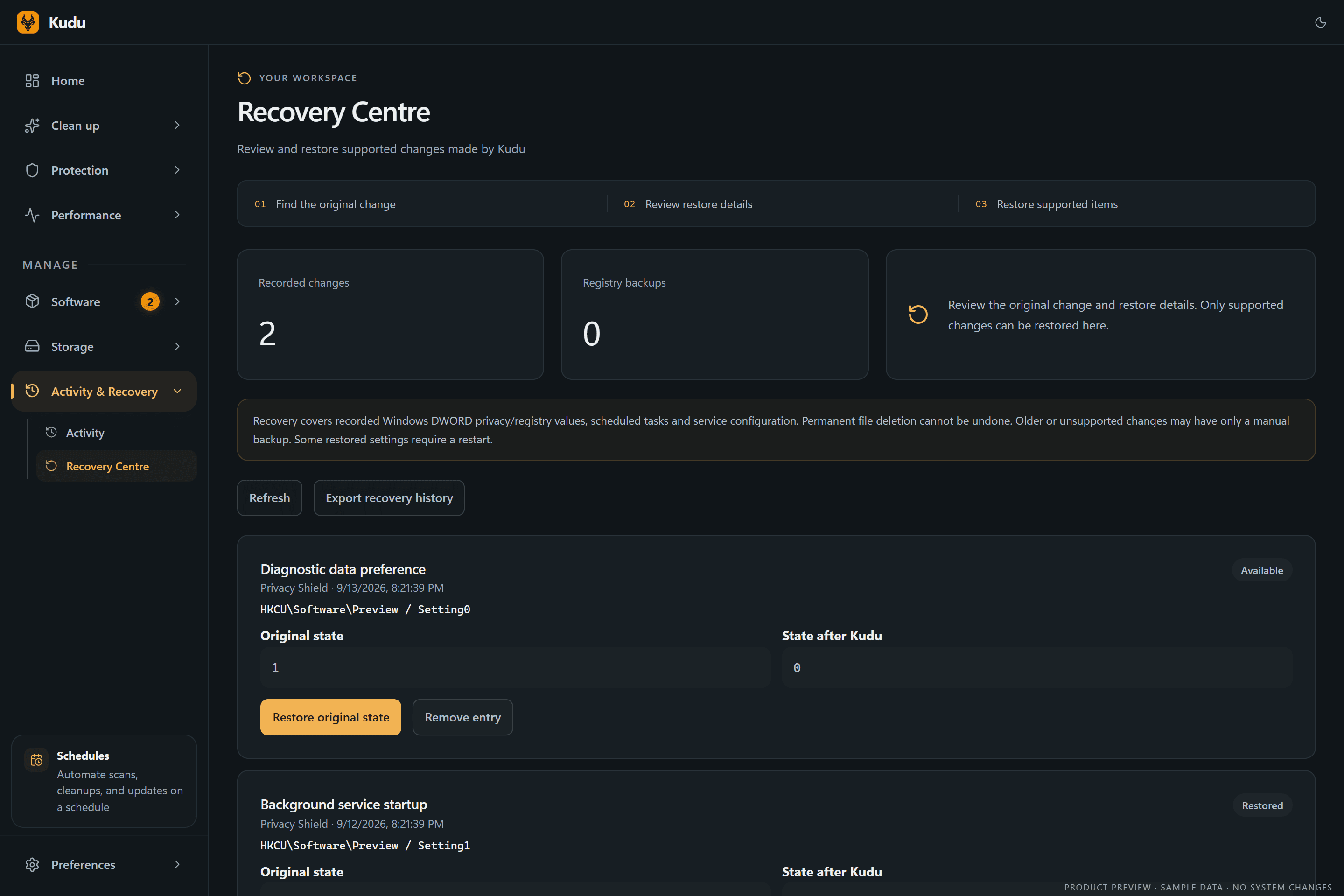 Recovery Centre in dark mode, sample data