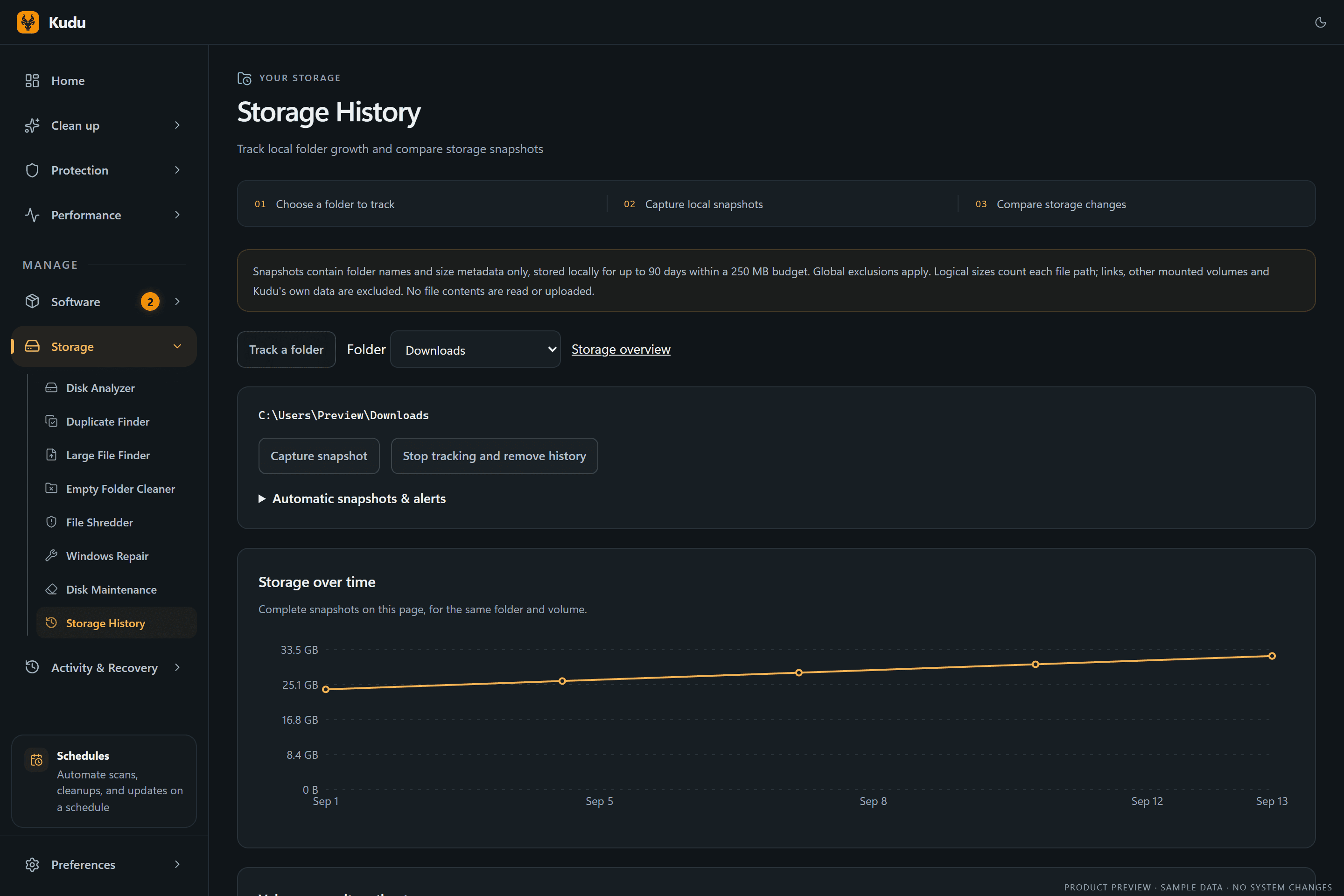 Storage History in dark mode, sample data