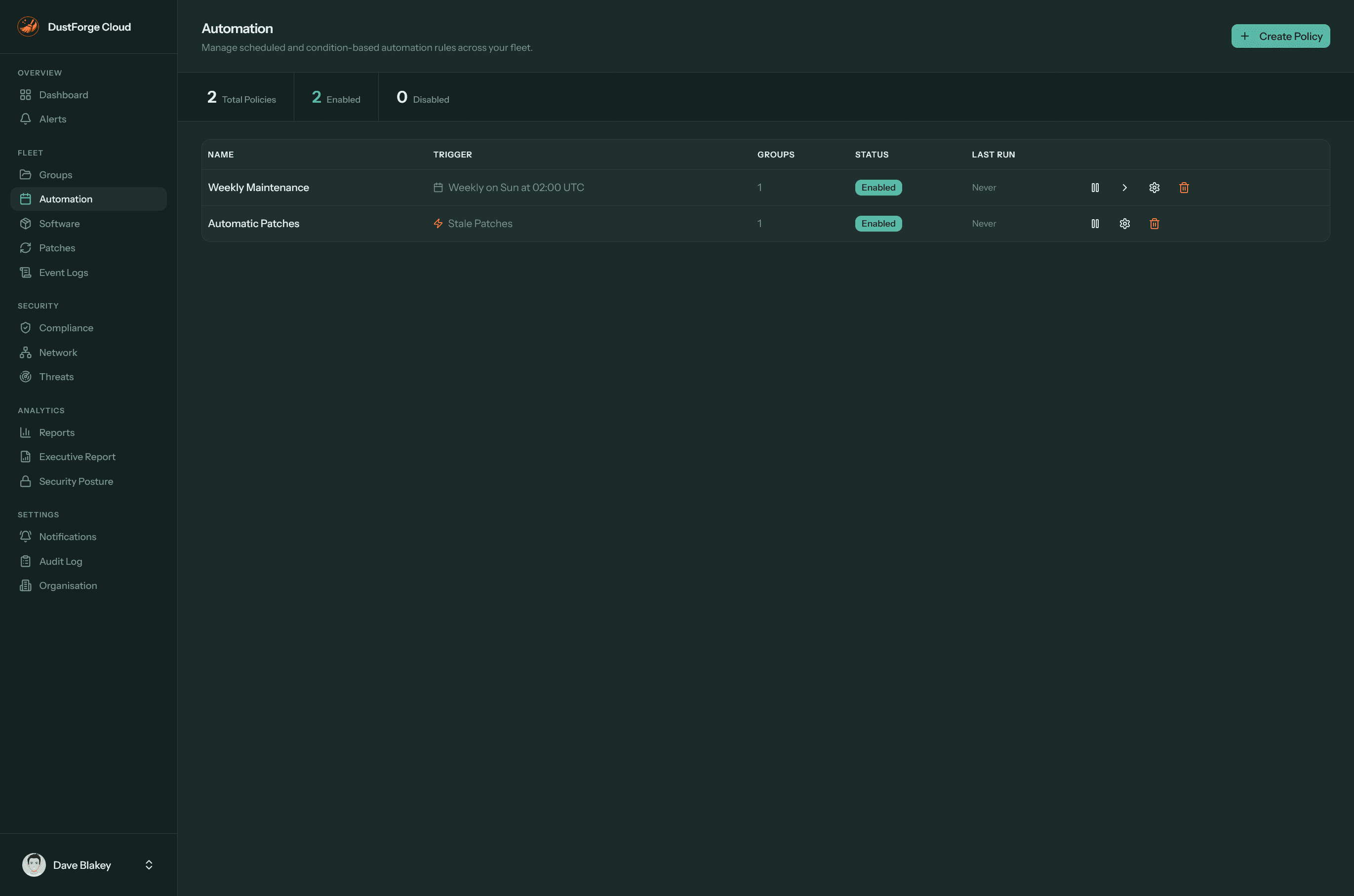 Automatic update policies detecting and applying pending patches across the fleet
