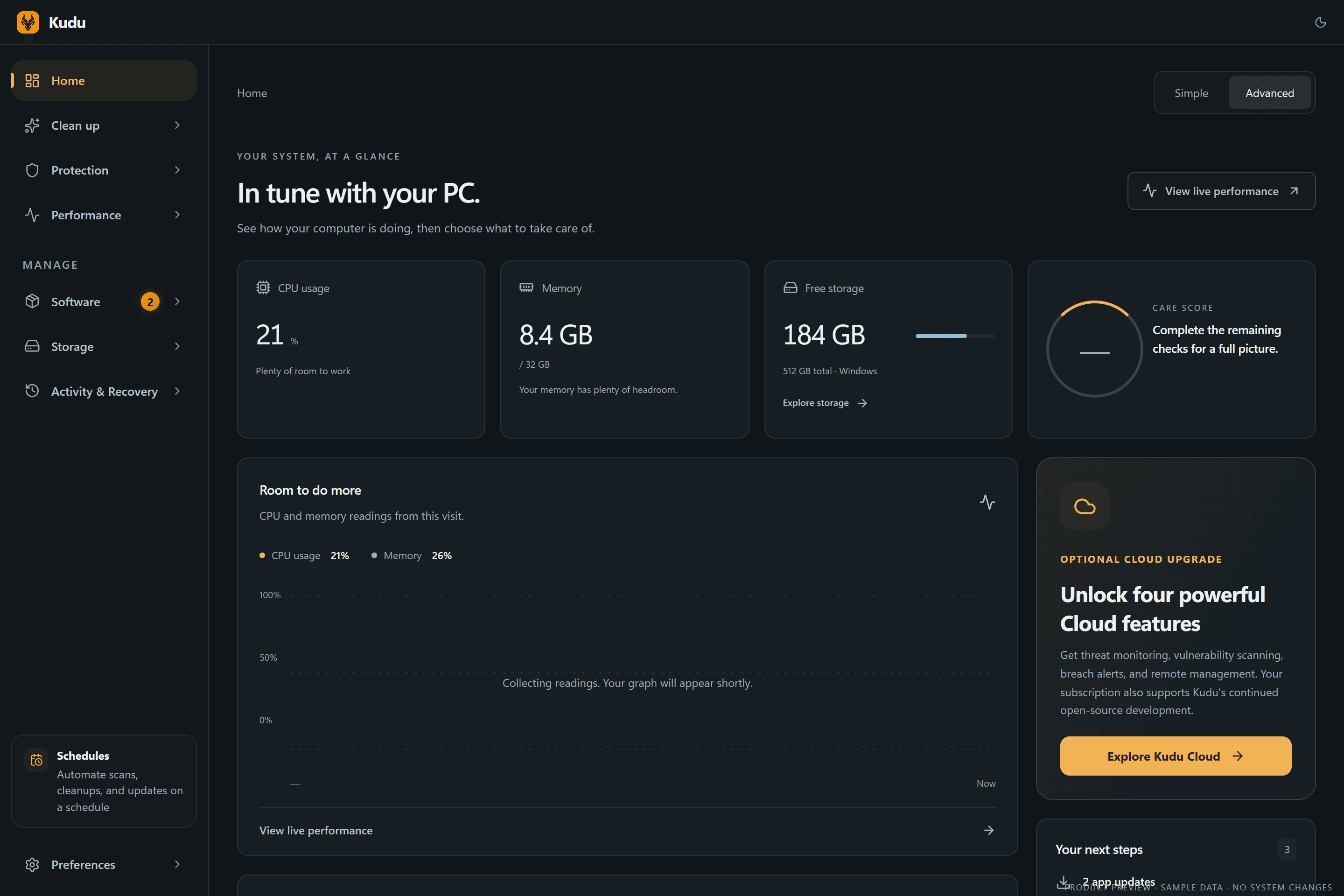 Kudu Advanced dashboard with live CPU and memory, drive capacity, and quick actions