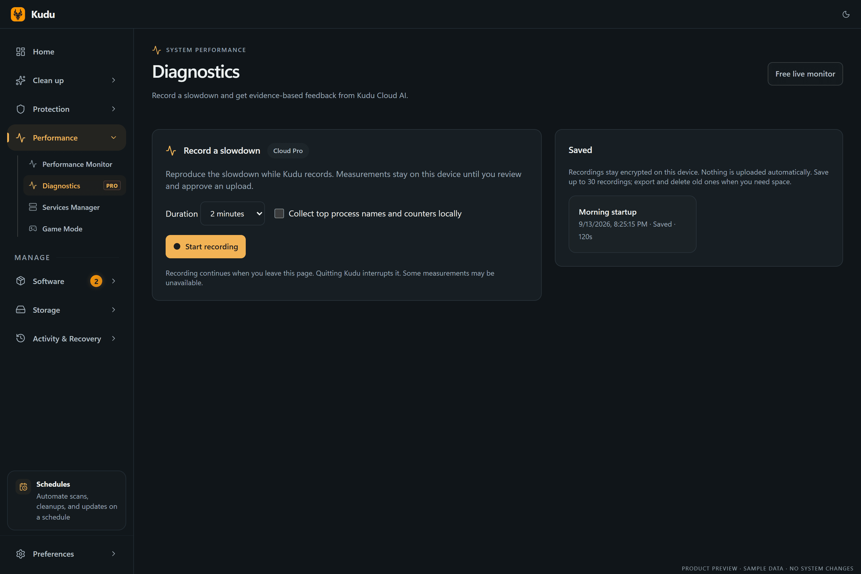 Performance Diagnostics in dark mode, sample data