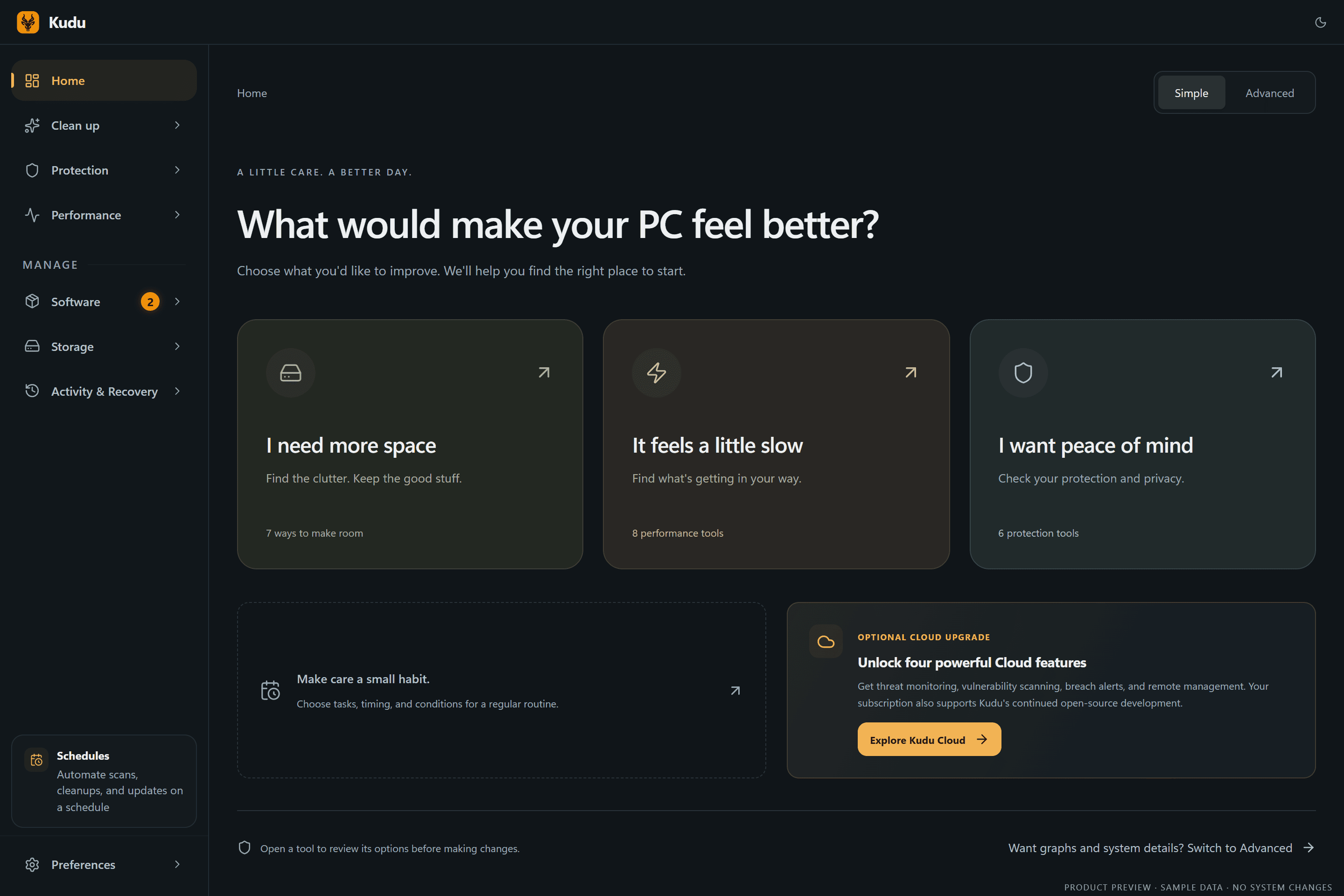 Kudu home screen asking what would make your PC feel better, with shortcuts for more space, speed, and peace of mind